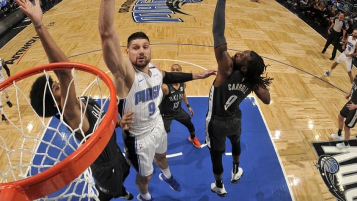 ORLANDO, FL - FEBRUARY 2: Nikola Vucevic #9 of the Orlando Magic dunks the ball during the game against the Brooklyn Nets on February 2, 2019 at Amway Center in Orlando, Florida. NOTE TO USER: User expressly acknowledges and agrees that, by downloading and or using this photograph, User is consenting to the terms and conditions of the Getty Images License Agreement. Mandatory Copyright Notice: Copyright 2019 NBAE (Photo by Fernando Medina/NBAE via Getty Images)