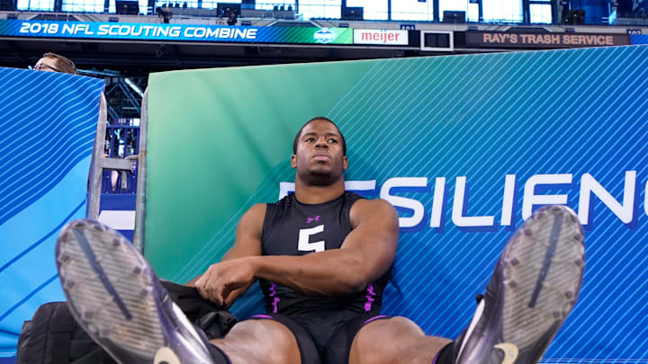 INDIANAPOLIS, IN – MARCH 02: Georgia running back Nick Chubb looks on after working out during the 2018 NFL Combine at Lucas Oil Stadium on March 2, 2018 in Indianapolis, Indiana. (Photo by Joe Robbins/Getty Images)