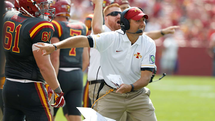 AMES, IA – SEPTEMBER 24: Head coach Matt Campbell of the Iowa State Cyclones coaches from the sidelines in the second half of play against the San Jose State Spartans at Jack Trice Stadium on September 24, 2016 in Ames, Iowa. The Iowa State Cyclones won 44-10 over the San Jose State Spartans.(Photo by David Purdy/Getty Images)