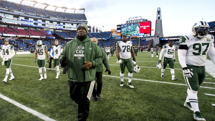FOXBOROUGH, MASSACHUSETTS – DECEMBER 30: Head coach Todd Bowles of the New York Jets reacts after a game against the New England Patriots at Gillette Stadium on December 30, 2018 in Foxborough, Massachusetts. (Photo by Jim Rogash/Getty Images)