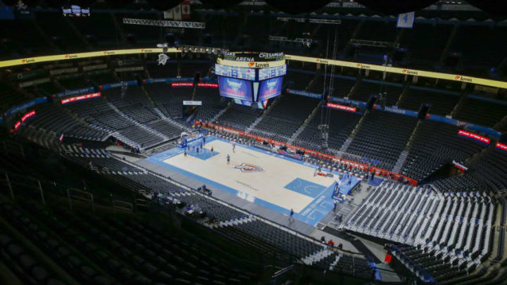 Dec 16, 2020; Oklahoma City, Oklahoma, USA; The arena is empty before the start of a pre-season game between Chicago Bulls at Oklahoma City as fans are not allowed inside at Chesapeake Energy Arena. Mandatory Credit: Alonzo Adams-USA TODAY Sports