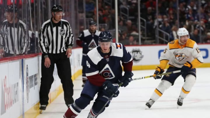 DENVER, CO - NOVEMBER 07: Tyson Barrie #4 of the Colorado Avalanche brings the puck back into play against the Nashville Predators in the third period at the Pepsi Center on November 7, 2018 in Denver, Colorado. (Photo by Matthew Stockman/Getty Images)