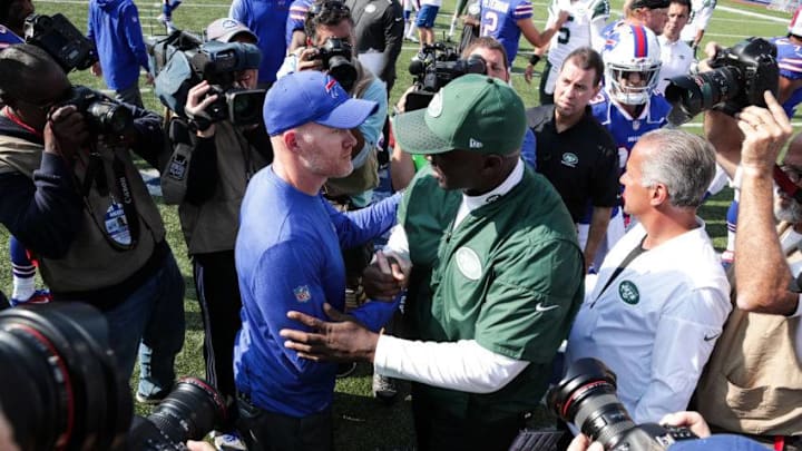 ORCHARD PARK, NY - SEPTEMBER 10: Head Coach Sean McDermott of the Buffalo Bills and Head Coach Todd Bowles (Photo by Brett Carlsen/Getty Images)