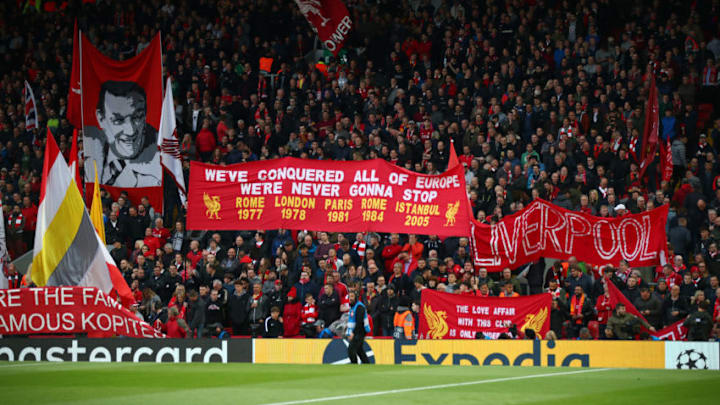LIVERPOOL, ENGLAND - MAY 07: Liverpool fans show their support during the UEFA Champions League Semi Final second leg match between Liverpool and Barcelona at Anfield on May 07, 2019 in Liverpool, England. (Photo by Clive Brunskill/Getty Images)