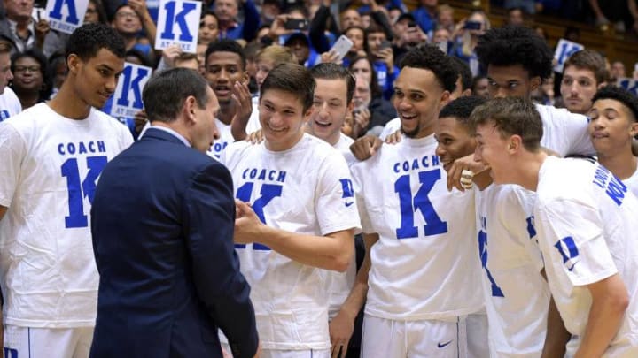 DURHAM, NC - NOVEMBER 11: Head coach Mike Krzyzewski of the Duke Blue Devils talks to his team following their 99-69 win against the Utah Valley Wolverines at Cameron Indoor Stadium on November 11, 2017 in Durham, North Carolina. The win gives Mike Krzyzewski his 1,000th victory as Duke's head coach and his 1,073rd overall (73 at Army).(Photo by Lance King/Getty Images)