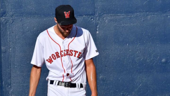 WORCESTER - Chris Sale takes a breather as he warmes up his pitching arm before the Worcester Red Sox play Scranton/Wilkes-Barre at Polar Park on Wednesday.Spt Woosox Sale12 0707