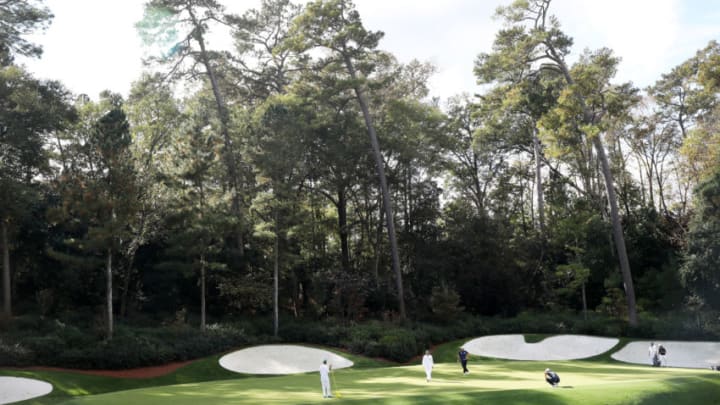 AUGUSTA, GEORGIA - NOVEMBER 15: Dustin Johnson of the United States lines up a putt on the 13th green during the final round of the Masters at Augusta National Golf Club on November 15, 2020 in Augusta, Georgia. (Photo by Jamie Squire/Getty Images)