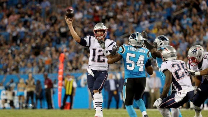 CHARLOTTE, NC - AUGUST 24: Tom Brady #12 of the New England Patriots throws a pass against the Carolina Panthers in the second quarter during their game at Bank of America Stadium on August 24, 2018 in Charlotte, North Carolina. (Photo by Streeter Lecka/Getty Images)