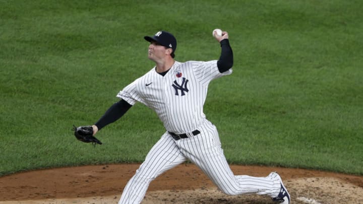 NEW YORK, NEW YORK - AUGUST 16: (NEW YORK DAILIES OUT) Zack Britton #53 of the New York Yankees in action against the Boston Red Sox at Yankee Stadium on August 16, 2020 in New York City. The Yankees defeated the Red Sox 4-2. (Photo by Jim McIsaac/Getty Images)