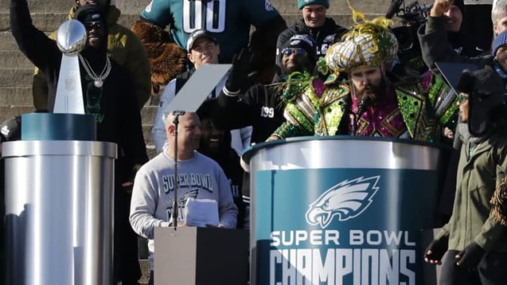 PHILADELPHIA, PA - FEBRUARY 08: Center Jason Kelce speaks at a ceremony honoring the Philadelphia Eagles Super Bowl win on February 8, 2018 in Philadelphia, Pennsylvania. (Photo by Aaron P. Bernstein/Getty Images)