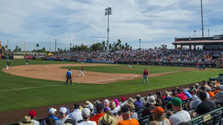 SCOTTSDALE, AZ - MARCH 2: A general view of fans watching a spring training game between the San Francisco Giants and the Los Angeles Angels of Anaheim at Scottsdale Stadium on March 2, 2016 in Scottsdale, Arizona. (Photo by Rob Tringali/Getty Images)
