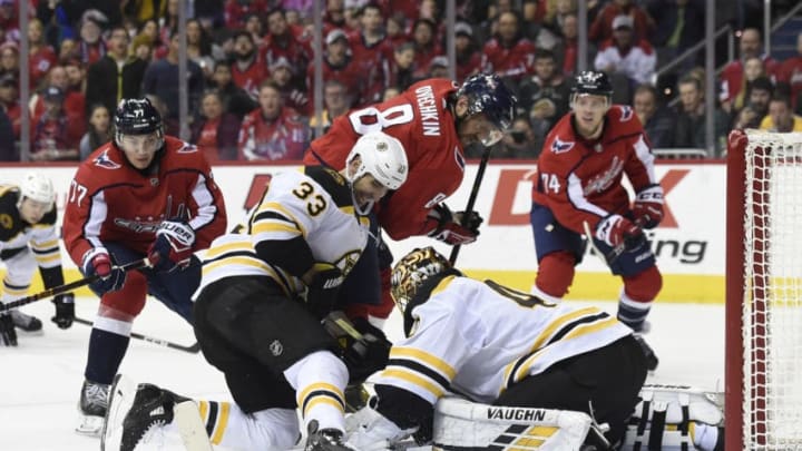 WASHINGTON, DC - FEBRUARY 03: Tuukka Rask #40 of the Boston Bruins makes a save against Alex Ovechkin #8 of the Washington Capitals in the third period at Capital One Arena on February 3, 2019 in Washington, DC. (Photo by Patrick McDermott/NHLI via Getty Images)