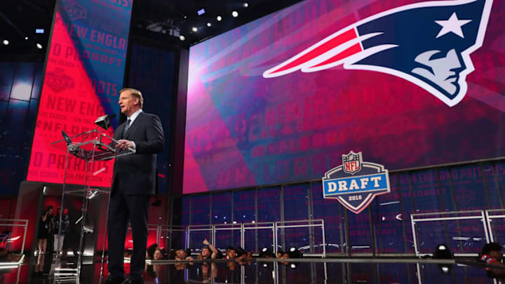 ARLINGTON, TX - APRIL 26: NFL Commissioner Roger Goodell announces a pick by the New England Patriots during the first round of the 2018 NFL Draft at AT