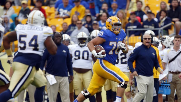 PITTSBURGH, PA - OCTOBER 08: Brian O'Neill #70 of the Pittsburgh Panthers rushes for a 24-yard touchdown in the first half during the game against the Georgia Tech Yellow Jackets on October 8, 2016 at Heinz Field in Pittsburgh, Pennsylvania. (Photo by Justin K. Aller/Getty Images)