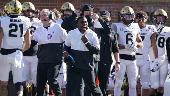 Nov 28, 2020; Columbia, Missouri, USA; Vanderbilt Commodores head coach Derek Mason reacts on the sidelines during the second half against the Missouri Tigers at Faurot Field at Memorial Stadium. Mandatory Credit: Denny Medley-USA TODAY Sports