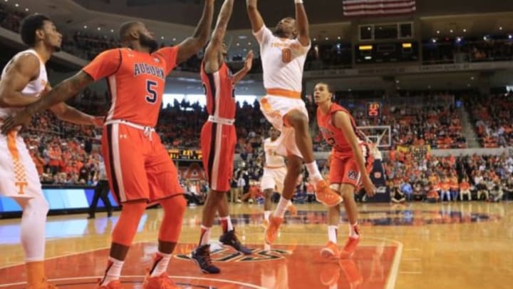 Jan 2, 2016; Auburn, AL, USA; Tennessee Volunteers guard Kevin Punter (0) goes to the basket against Auburn Tigers at Auburn Arena. Mandatory Credit: Marvin Gentry-USA TODAY Sports
