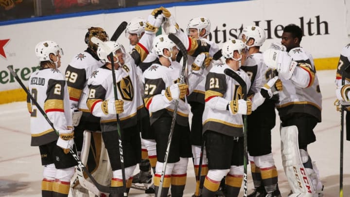 SUNRISE, FL - FEBRUARY 6: The Vegas Golden Knights celebrate their 7-2 win over the Florida Panthers at the BB&T Center on February 6, 2020 in Sunrise, Florida. (Photo by Eliot J. Schechter/NHLI via Getty Images)