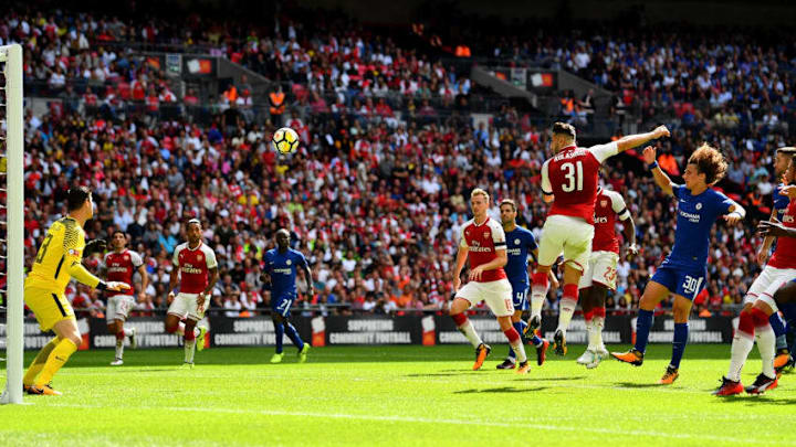 LONDON, ENGLAND - AUGUST 06: Sead Kolasinac of Arsenal scores his sides first goal during the The FA Community Shield final between Chelsea and Arsenal at Wembley Stadium on August 6, 2017 in London, England. (Photo by Dan Mullan/Getty Images)