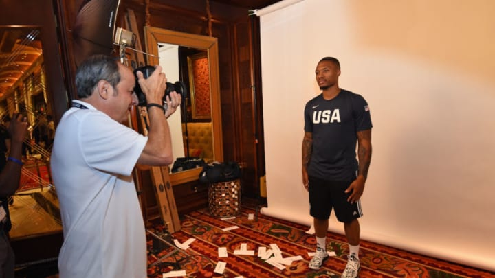 LAS VEGAS, NV - JULY 25: A behind the scenes photo of Damian Lillard posing for a head shot during USAB Minicamp in Las Vegas, Nevada at the Wynn Las Vegas on July 25, 2018. NOTE TO USER: User expressly acknowledges and agrees that, by downloading and/or using this photograph, user is consenting to the terms and conditions of the Getty Images License Agreement. Mandatory Copyright Notice: Copyright 2018 NBAE (Photo by Adam Pantozzi/NBAE via Getty Images)