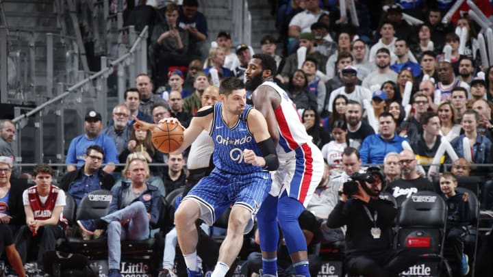 DETROIT, MI – MARCH 28: Nikola Vucevic #9 of the Orlando Magic drives against the Detroit Pistons on March 28, 2019 at Little Caesars Arena in Detroit, Michigan. NOTE TO USER: User expressly acknowledges and agrees that, by downloading and/or using this photograph, User is consenting to the terms and conditions of the Getty Images License Agreement. Mandatory Copyright Notice: Copyright 2019 NBAE (Photo by Brian Sevald/NBAE via Getty Images)