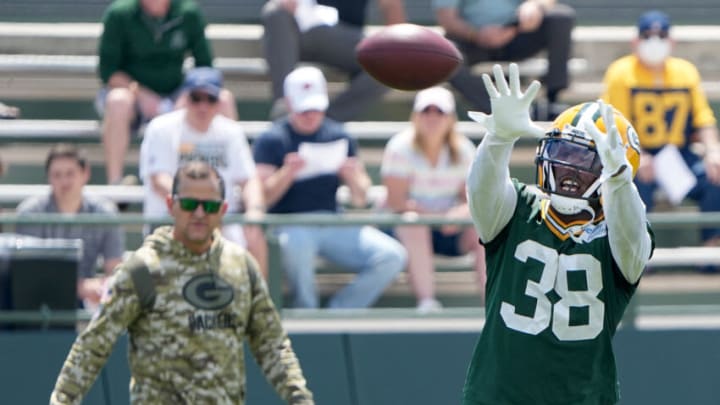 June 7, 2022; Green Bay, WI, USA; Innis Gaines (38) is shown during Green Bay Packers minicamp Tuesday, June 7, 2022 in Green Bay, Wis. Mandatory Credit: Mark Hoffman-USA TODAY Sports