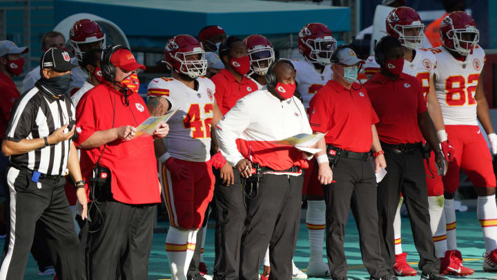 MIAMI GARDENS, FLORIDA – DECEMBER 13: Head Coach Andy Reid and Eric Bienemy of the Kansas City Chiefs caoching against the Miami Dolphins at Hard Rock Stadium on December 13, 2020 in Miami Gardens, Florida. (Photo by Mark Brown/Getty Images)