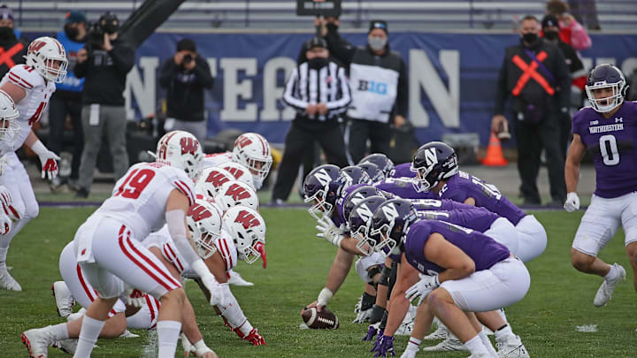 EVANSTON, ILLINOIS – NOVEMBER 21: Members of the Northwestern Wildcat offense face-off against the Wisconsin Badger defense at Ryan Field on November 21, 2020, in Evanston, Illinois. (Photo by Jonathan Daniel/Getty Images)