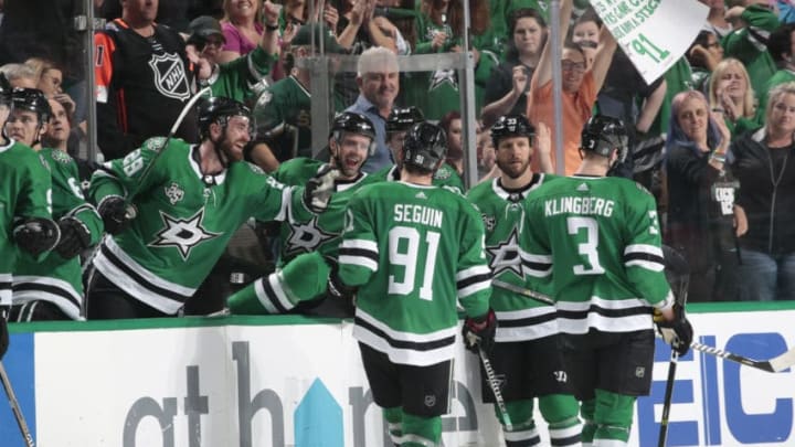 DALLAS, TX - MARCH 31: Tyler Seguin #91 of the Dallas Stars celebrates his 40th goal of the season against the Minnesota Wild at the American Airlines Center on March 31, 2018 in Dallas, Texas. (Photo by Glenn James/NHLI via Getty Images)