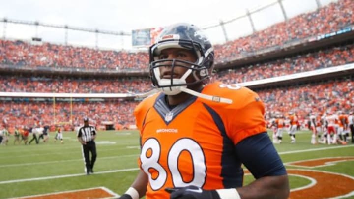 Sep 14, 2014; Denver, CO, USA; Denver Broncos tight end Julius Thomas (80) after the game against the Kansas City Chiefs at Sports Authority Field at Mile High. Mandatory Credit: Chris Humphreys-USA TODAY Sports