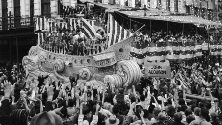 A Mardi Gras float celebrating the life of John James Audubon (1785 - 1851), an American naturalist, ornithologist and artist, in New Orleans, circa 1956.