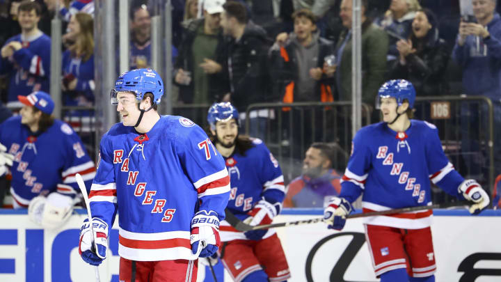 Mar 27, 2022; New York, New York, USA; New York Rangers center Frank Vatrano (77) reacts to his second goal against the Buffalo Sabres in the first period at Madison Square Garden. Mandatory Credit: Jessica Alcheh-USA TODAY Sports