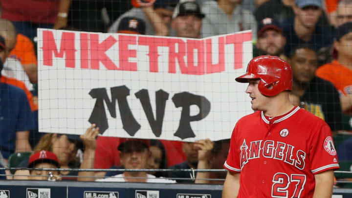 HOUSTON, TX - SEPTEMBER 24: A Los Angeles Angels of Anaheim fan holds up a sign as Mike Trout (Photo by Bob Levey/Getty Images)