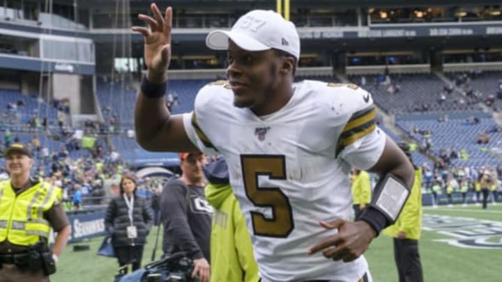 SEATTLE, WA – SEPTEMBER 22: Quarterback Teddy Bridgewater #5 of the New Orleans Saints waves to fans as he jogs off the field after a game against the Seattle Seahawks at CenturyLInk Field on September 22, 2019 in Seattle, Washington. The Saints won 33-27. (Photo by Stephen Brashear/Getty Images)