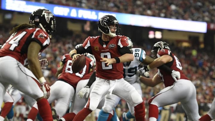 Dec 27, 2015; Atlanta, GA, USA; Atlanta Falcons quarterback Matt Ryan (2) looks to throw the ball against the Carolina Panthers in the second quarter at the Georgia Dome. Mandatory Credit: Dale Zanine-USA TODAY Sports