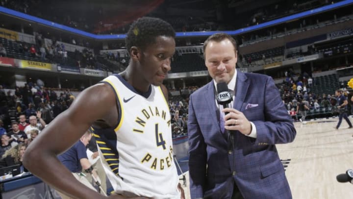 INDIANAPOLIS, IN - OCTOBER 29: Victor Oladipo #4 of the Indiana Pacers talks to the media after the game against the San Antonio Spurs on October 29, 2017 at Bankers Life Fieldhouse in Indianapolis, Indiana. NOTE TO USER: User expressly acknowledges and agrees that, by downloading and or using this Photograph, user is consenting to the terms and conditions of the Getty Images License Agreement. Mandatory Copyright Notice: Copyright 2017 NBAE (Photo by Ron Hoskins/NBAE via Getty Images)