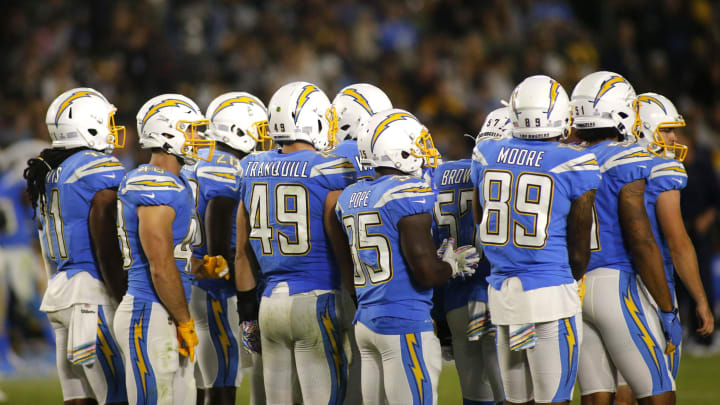 CARSON, CALIFORNIA – OCTOBER 13: The Los Angeles Chargers gather on the field during a game against the Pittsburgh Steelers at Dignity Health Sports Park on October 13, 2019 in Carson, California. (Photo by Katharine Lotze/Getty Images)