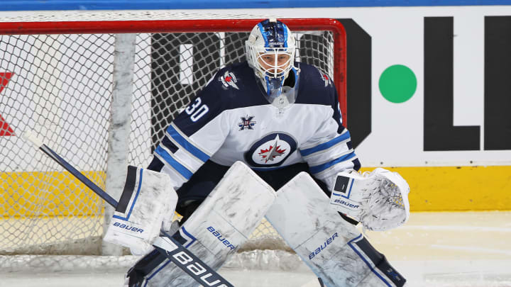 TORONTO, ON – MARCH 9: Laurent Brossoit #30 of the Winnipeg Jets warms up prior to action against the Toronto Maple Leafs. (Photo by Claus Andersen/Getty Images)