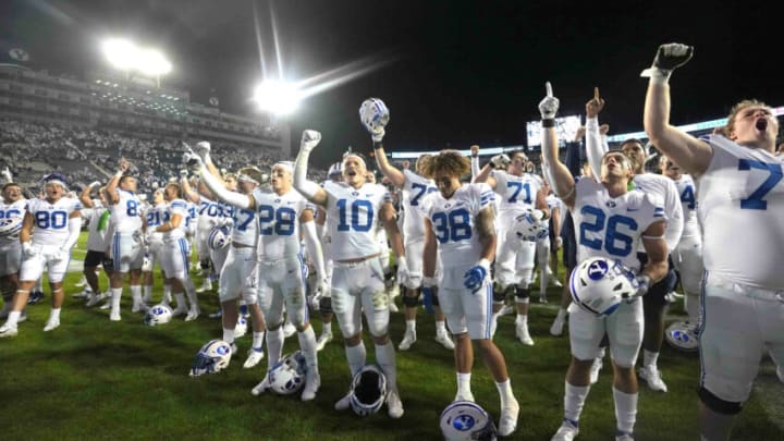 Sep 18, 2021; Provo, Utah, USA; BYU Cougars players celebrate after the game against the Arizona State Sun Devils at LaVell Edwards Stadium. Mandatory Credit: Kirby Lee-USA TODAY Sports