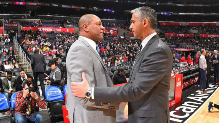 LOS ANGELES, CA - FEBRUARY 13: Head Coach Doc Rivers of the LA Clippers greets Head Coach Igor Kokoskov of the Phoenix Suns before the game on February 13, 2019 at STAPLES Center in Los Angeles, California. NOTE TO USER: User expressly acknowledges and agrees that, by downloading and/or using this Photograph, user is consenting to the terms and conditions of the Getty Images License Agreement. Mandatory Copyright Notice: Copyright 2019 NBAE (Photo by Andrew D. Bernstein/NBAE via Getty Images)