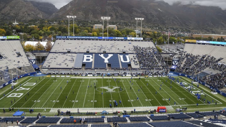 Oct 9, 2021; Provo, Utah, USA; A general view of LaVell Edwards Stadium prior to a game between the Brigham Young Cougars and the Boise State Broncos. Mandatory Credit: Rob Gray-USA TODAY Sports