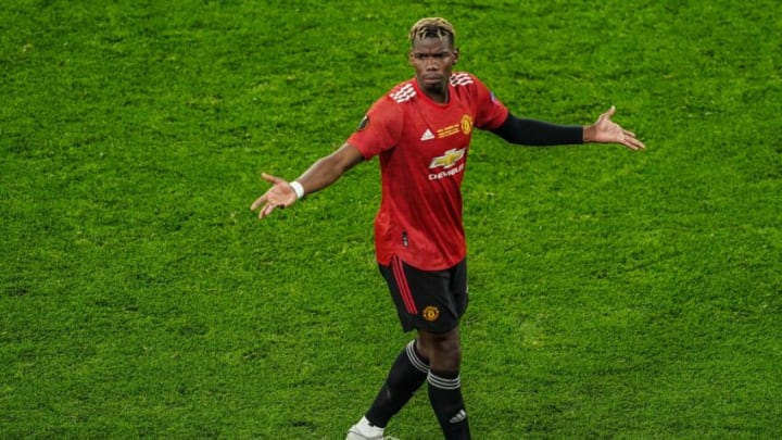 Manchester United's French midfielder Paul Pogba gestures during the UEFA Europa League final football match between Villarreal and Manchester United at the Gdansk Stadium in Gdansk on May 26, 2021. (Photo by ALEKSANDRA SZMIGIEL / POOL / AFP) (Photo by ALEKSANDRA SZMIGIEL/POOL/AFP via Getty Images)