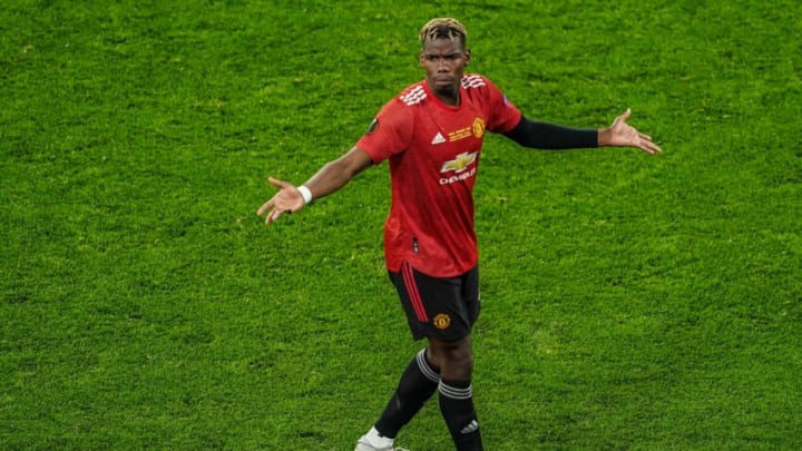 Manchester United's French midfielder Paul Pogba gestures during the UEFA Europa League final football match between Villarreal and Manchester United at the Gdansk Stadium in Gdansk on May 26, 2021. (Photo by ALEKSANDRA SZMIGIEL / POOL / AFP) (Photo by ALEKSANDRA SZMIGIEL/POOL/AFP via Getty Images)