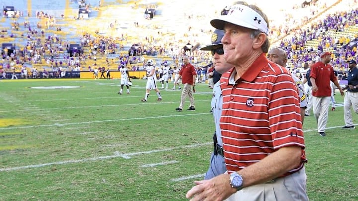 Oct 10, 2015; Baton Rouge, LA, USA; South Carolina Gamecocks head coach Steve Spurrier runs off the field following a loss against the LSU Tigers in a game at Tiger Stadium. LSU defeated South Carolina 45-24. Mandatory Credit: Derick E. Hingle-USA TODAY Sports