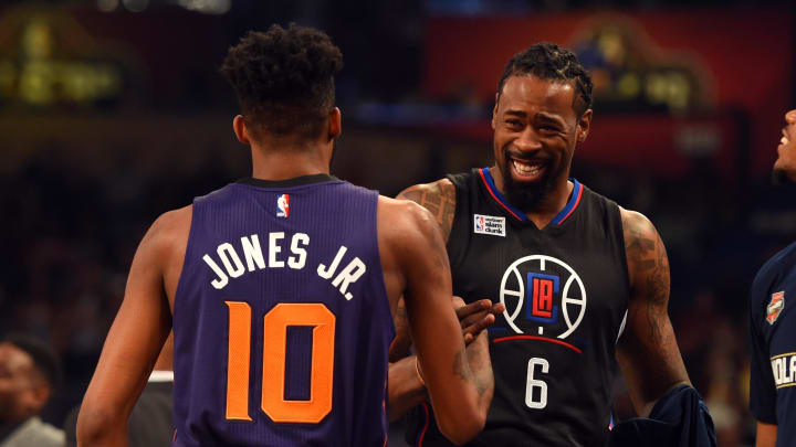 Feb 18, 2017; New Orleans, LA, USA; Los Angeles Clippers center DeAndre Jordan (6) and Phoenix Suns forward Derrick Jones Jr. (10) reacts in the slam dunk contest during NBA All-Star Saturday Night at Smoothie King Center. Mandatory Credit: Bob Donnan-USA TODAY Sports