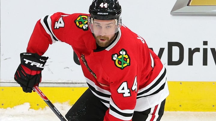 CHICAGO, ILLINOIS – FEBRUARY 13: Calvin de Haan #44 of the Chicago Blackhawks  . (Photo by Stacy Revere/Getty Images)