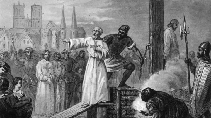 Jacques de Molay, the 23rd and Last Grand Master of the Knights Templar, is lead to the stake to burn for heresy in 1314.