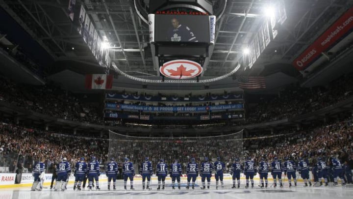 TORONTO, CANADA - OCTOBER 07: The Leaf team is introduced during an opening night pre-game ceremony before a regular season NHL game between the Toronto Maple Leafs and the Montreal Canadiens at the Air Canada Centre October 7, 2010 in Toronto, Ontario, Canada. (Photo by Abelimages/Getty Images)