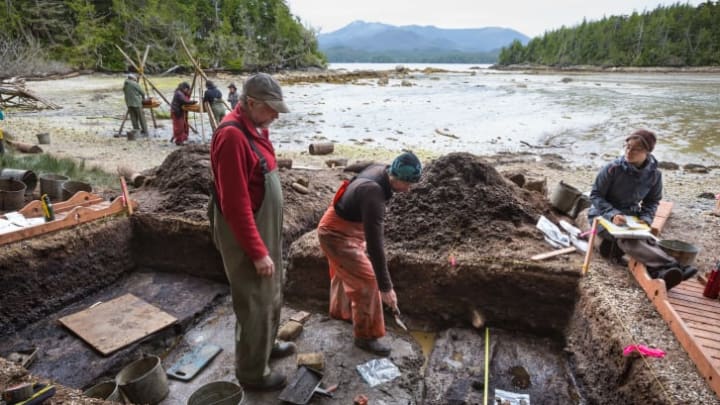 Researchers Daryl Fedje (left) and Duncan McLaren (right) dig at the Calvert Island site.