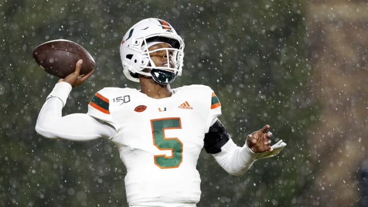 DURHAM, NC – NOVEMBER 30: N’Kosi Perry #5 of the Miami Hurricanes passes the ball against the Duke Blue Devils in the second half of the game at Wallace Wade Stadium on November 30, 2019 in Durham, North Carolina. Duke defeated Miami 27-17. (Photo by Joe Robbins/Getty Images)