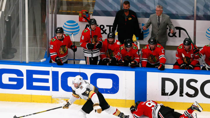 Brayden McNabb #3 of the Vegas Golden Knights skates after after boarding Drake Caggiula #91 of the Chicago Blackhawks